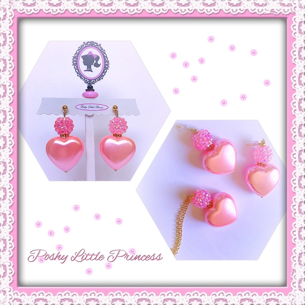 Pearly Pink Puffed Heart Necklace/Earrings Set